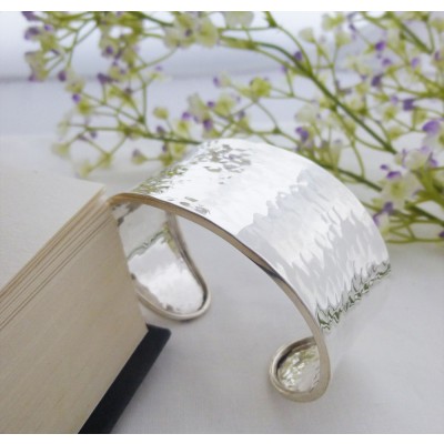 wide hammered silver cuff bangle bracelet for ladies, best selling hammered cuff available in the UK