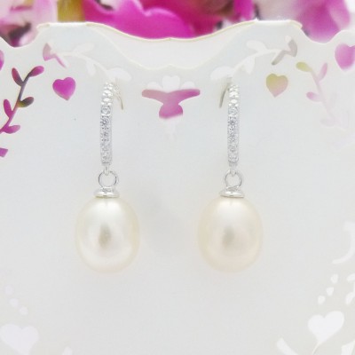 CZ Hoop & Freshwater Pearl Drop Earrings CZ Hoop & Freshwater Pearl Drop Earrings