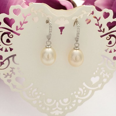 CZ Hoop & Freshwater Pearl Drop Earrings