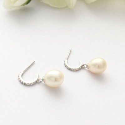 CZ Hoop & Freshwater Pearl Drop Earrings