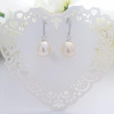 CZ Hoop & Freshwater Pearl Drop Earrings