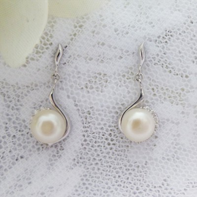 Freshwater Pearl and CZ Swirl Drop Earrings