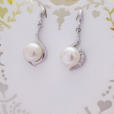 Freshwater Pearl and CZ Swirl Drop Earrings