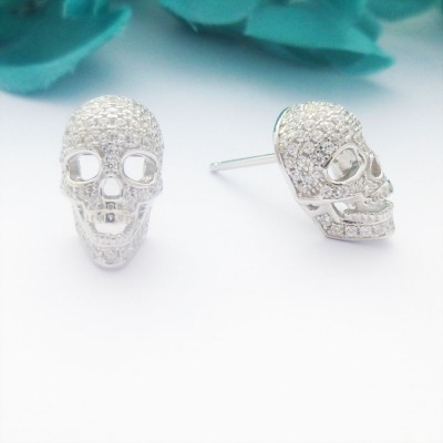 CZ Encrusted Silver Skull Studs