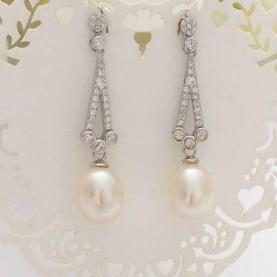 Vintage CZ & Freshwater Pearl Drop Earrings