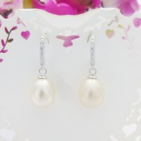 CZ Hoop & Freshwater Pearl Drop Earrings