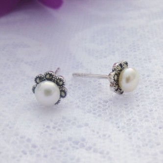 Pearl & Marcasite Flower Studs