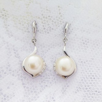 Freshwater Pearl and CZ Swirl Drop Earrings