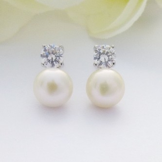 CZ and freshwater pearl silver stud earrings